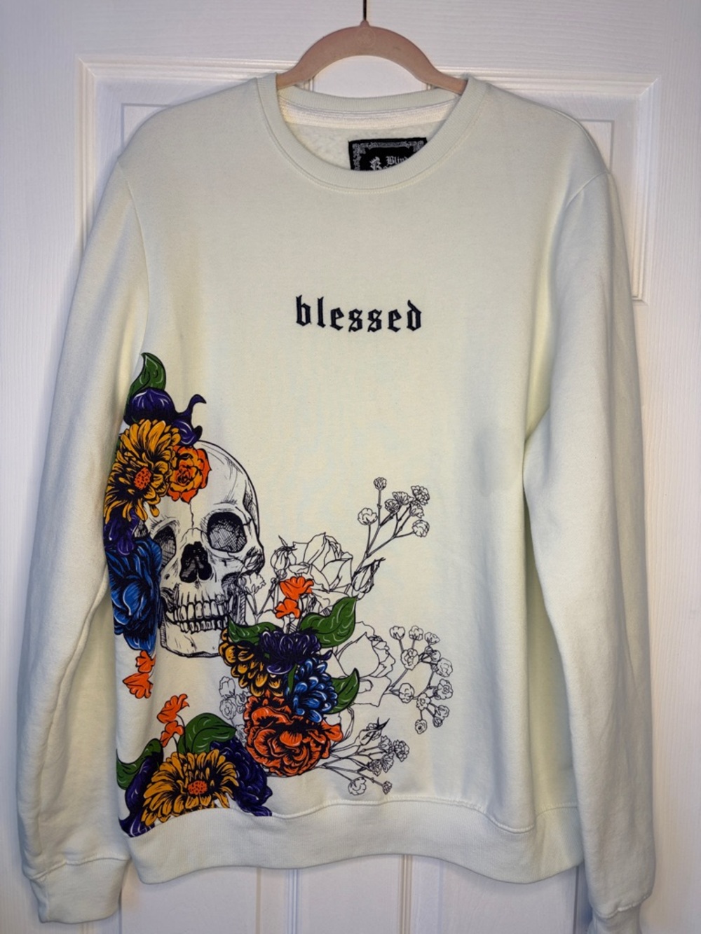 Blind Rooster Mens Cotton Blend Skull ‘Blessed' Crewneck Sweatshirt size Large